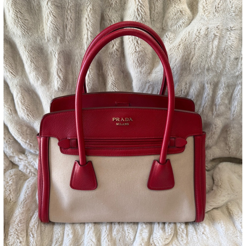 Prada Milano Red Saffiano Leather and Beige Canvas Tote Bag Handbag
